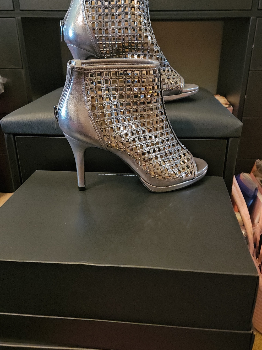Metallic Silver Peep-Toe Lattice Stiletto Ankle Bootie